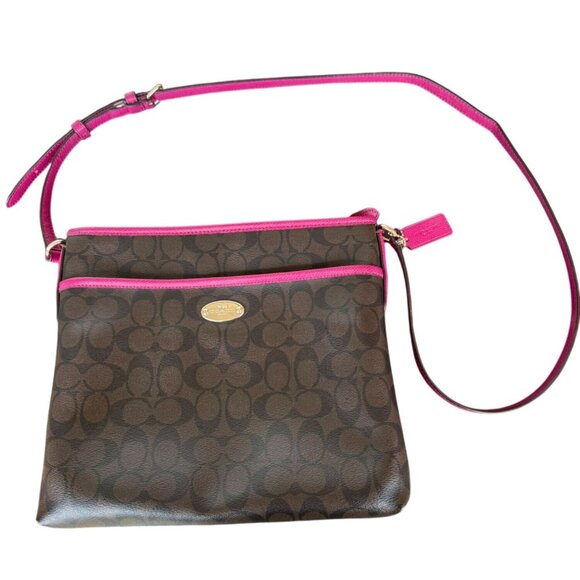 Coach Signature Crossbody File Bag Brown Black Cranberry Pink Leather Trim Gold